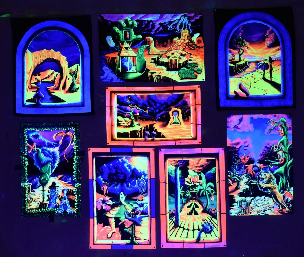 Blacklight UV TAPESTRY SET Trippy Hippie Black Light Room Wall Art Psychedelic