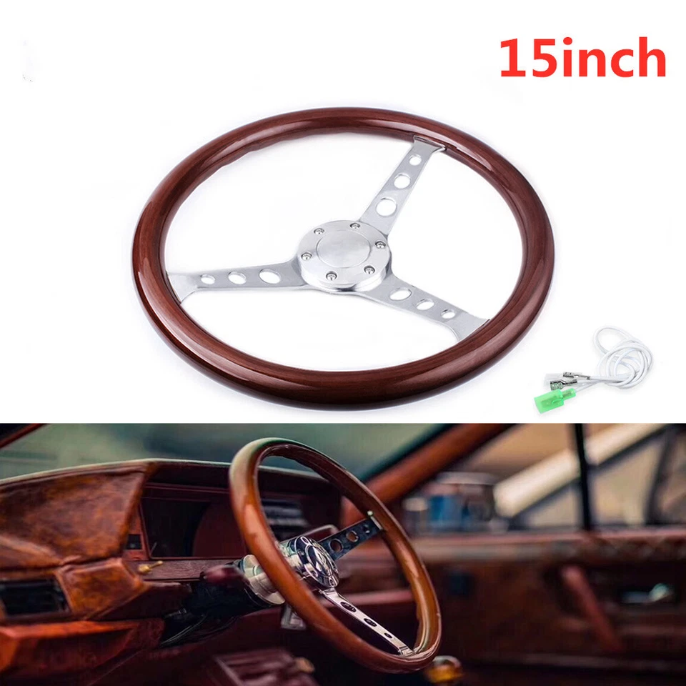 Volante clásico de radios cepillados plateados de madera de 15" 38 cm con botón de bocina  Foto 2 de 4