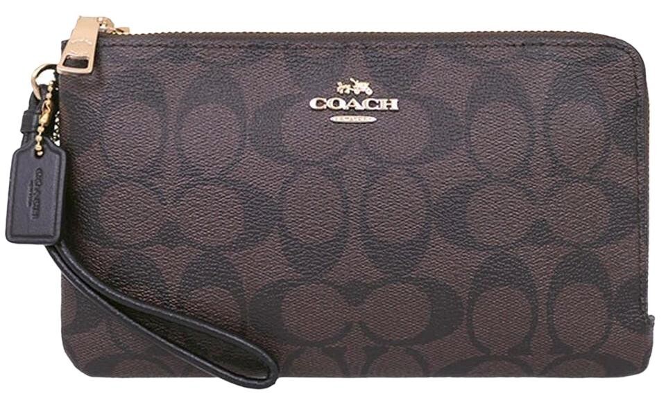 ON SALE) New Coach Double Zip Signature Wallet F16109 Brown/Black