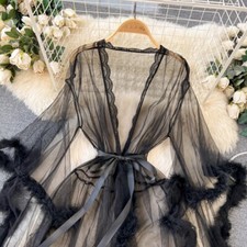 Ladies Sexy Faux Fur Trim Nightgown Sheer Mesh Lace Pajamas Robe Sleepwear Comfy