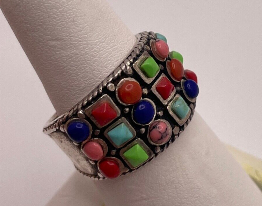 Sterling Silver Multi Colored Stone Ring Size 8.25 - image 3