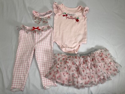 Baby Girls Cherry Set Sweet Mommy Pink Plaid Pants Skirt Bodysuit 4 Piece 18 Mos