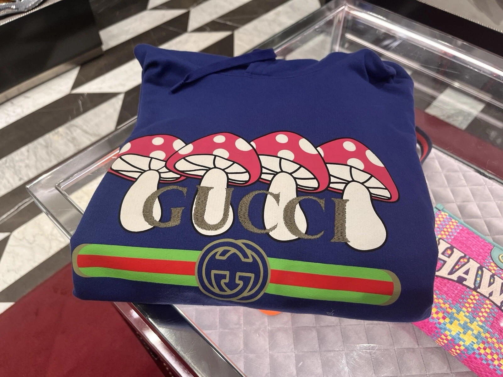 Felpa con cappuccio Gucci stampa logo funghi viola tg XXXL nuova autentica