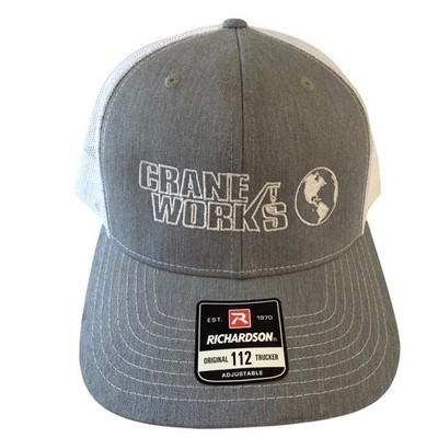 Richardson 112 Trucker Hat Crane Works Logo Grey White Mesh Snapback Cap NEW