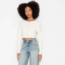 Wild Fable Women Cream Ribbed Cropped Zipper Sweater Size M