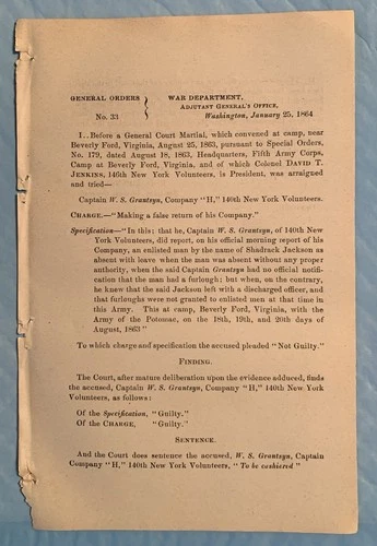 Civil War Court Martial Document 140th New York Infantry Capt. Grantsyn