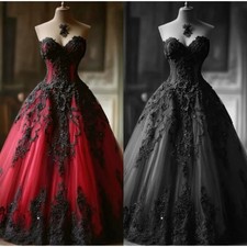 Black Red Gothic Wedding Dress Lace Appliques A-Line Tulle Vintage Bridal Gowns