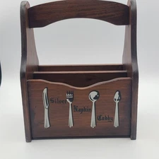Vintage Wood Utensil Napkin Caddy Holder Wooden Box Farmhouse  8x9”