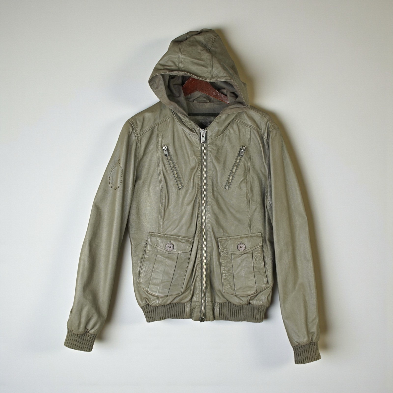 Superdry Hooded Leather Bomber Jacket Womens Size Large Green Multi-Pockets EUC