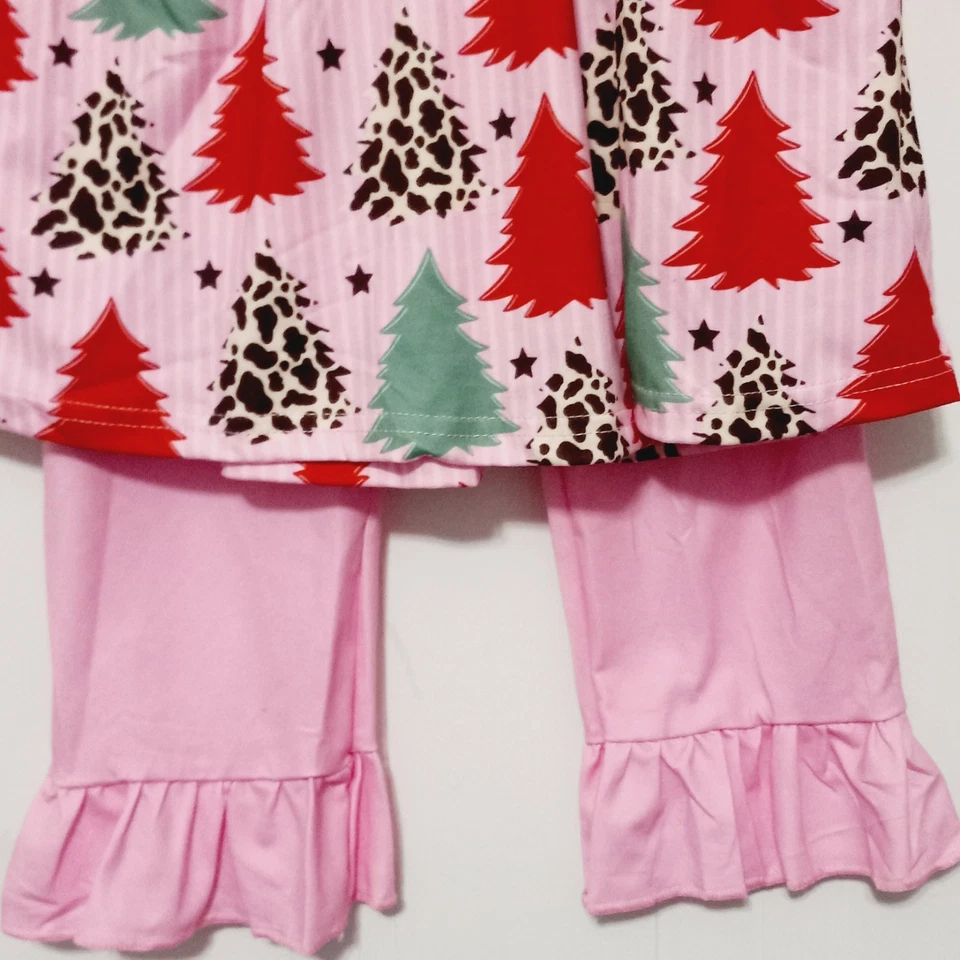 Nuevo Conjunto Pantalones Árbol de Navidad Rosa Niñas Talla 3T Arcos Vacaciones Volantes Manga Larga Foto 4 de 4