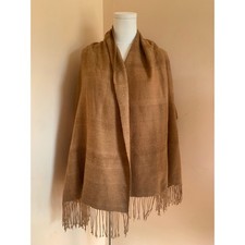 Large Handwoven Alpaca Wool Twist Fringe Shawl Wrap Scarf Camel Brown Natural