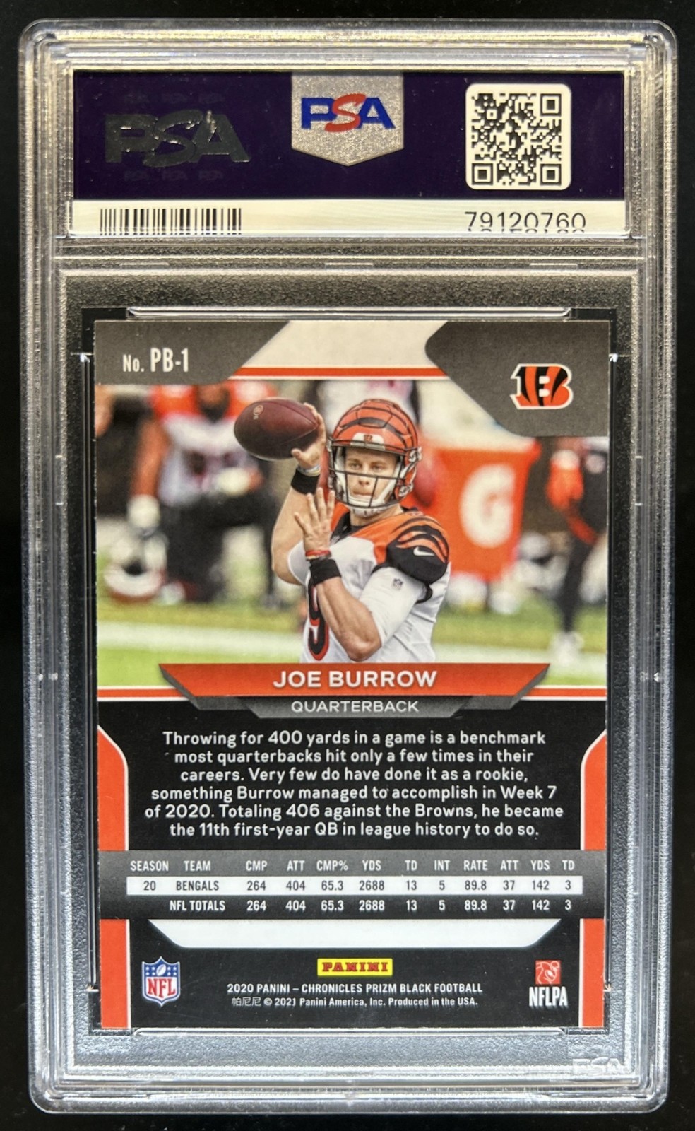 2020 Chronicles Joe Burrow Prizm Black Rookie RC #PB-1 Bengals PSA 10 GEM MINT view 2