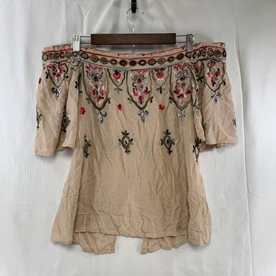 Democracy Embroidered Blouse Womens Medium Tan Off The Shoulder Boho B97684CSM