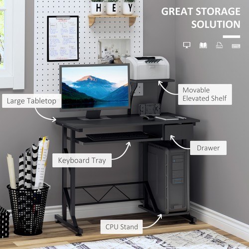 Compact Computer Table Wooden Desk Keyboard Tray Drawer Shelf PC Rack Dorm Black - Picture 4 of 12