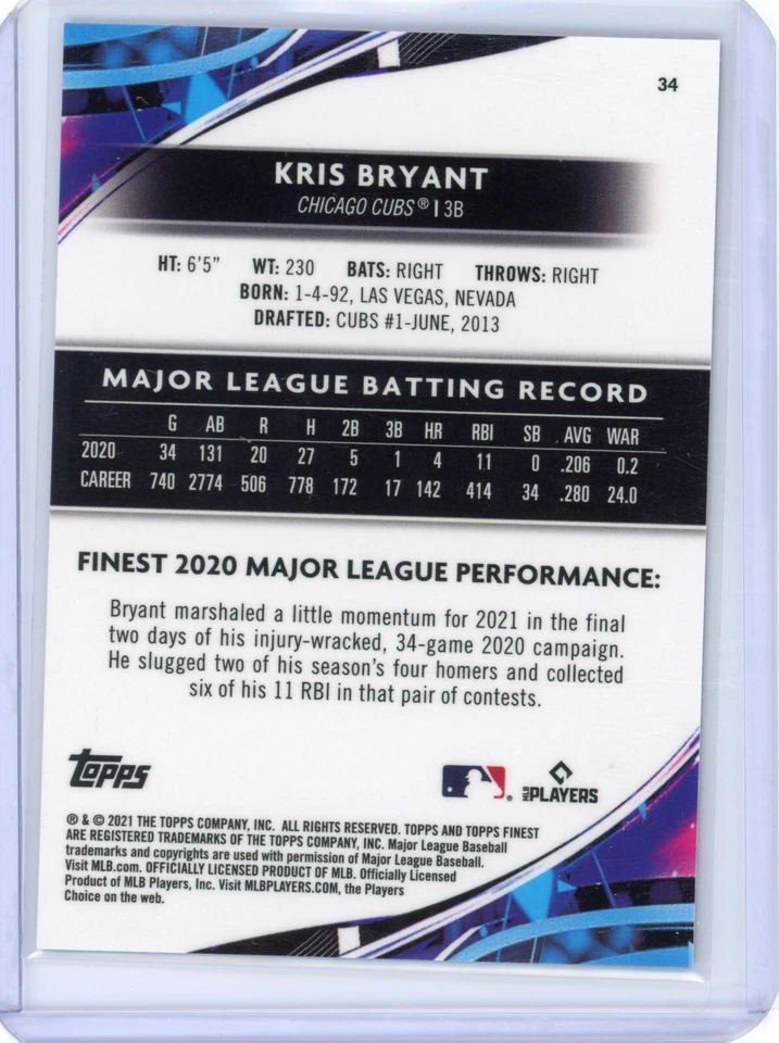 2021 Topps Finest Kris Bryant Aqua Vapor Refractor #d 99/250 -Chicago Cubs - Image 2 of 2