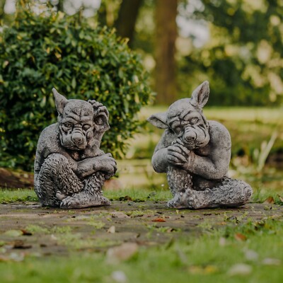 Gargoyle Büsten Set Steinfigur 50/50 cm 85 kg Grau Weißbeton frostsicher