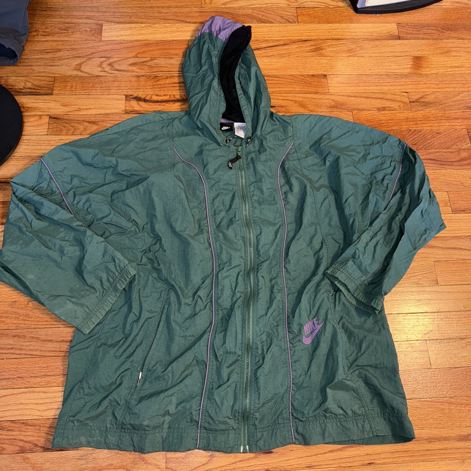 VTG 90s Nike Green Purple Full Zip Mens XL nylon Hooded Windbreaker