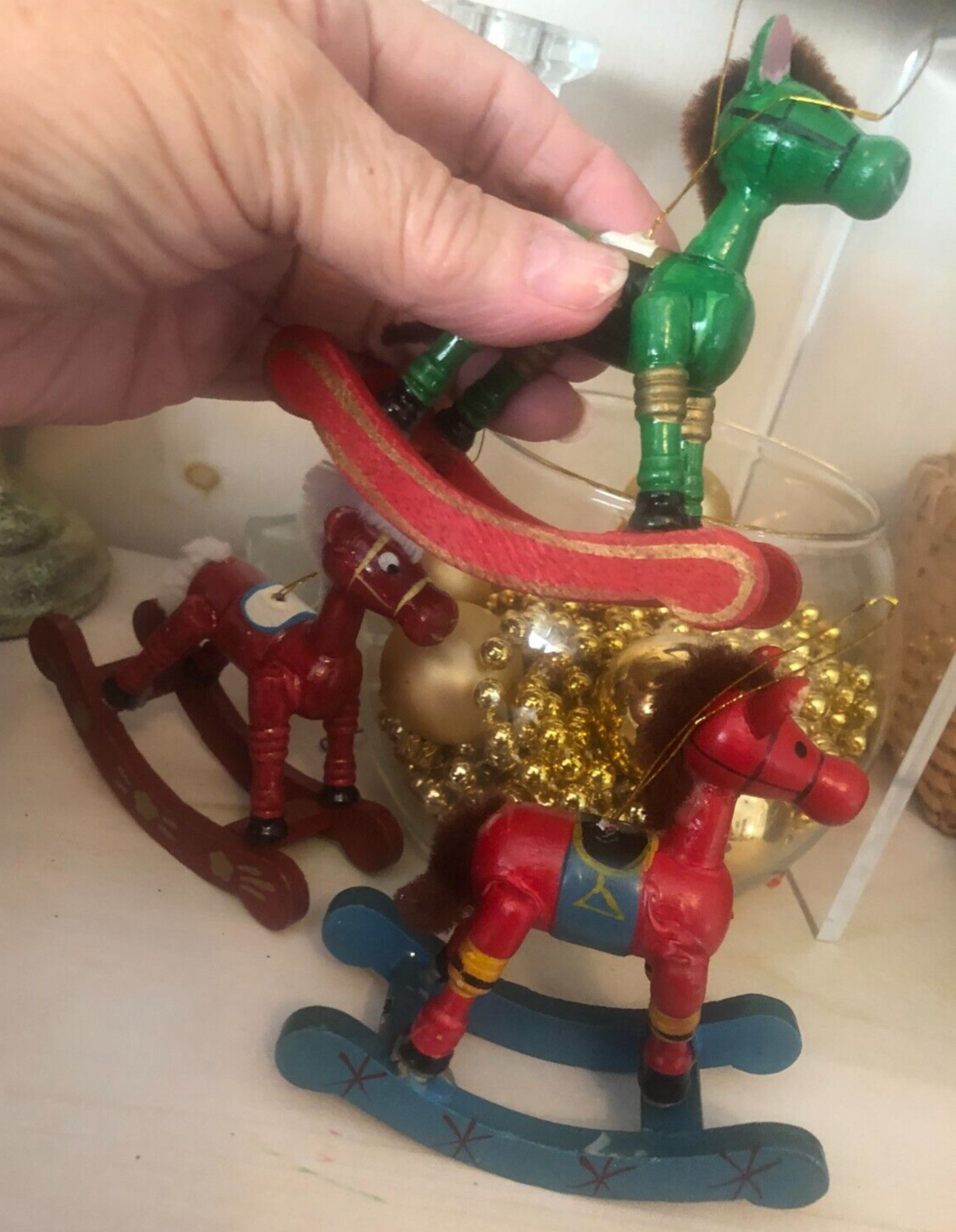 SET 3 Vtg Taiwan Red Wood ROCKING HORSE XMAS ORNAMENTS Furry Tail Wooden B