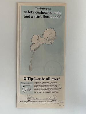 Vintage 1962 Q-Tips Print Ad  Safety Cushioned Ends and a Stick That Bends 