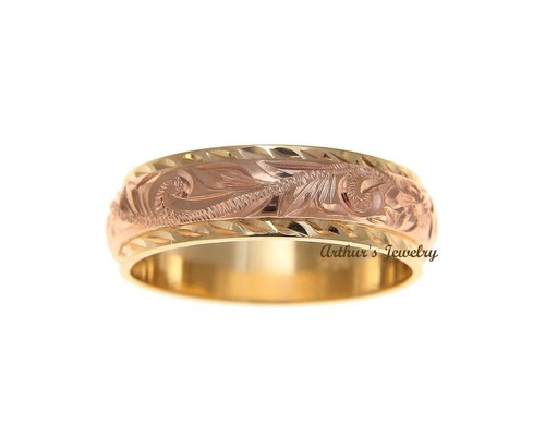 14K YELLOW ROSE GOLD HAND ENGRAVED HAWAIIAN PLUMERIA SCROLL DOUBLE RING 4MM/6MM - Picture 4 of 4