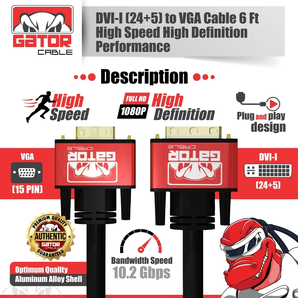 DVI-I to VGA Cable 24+5 Dual Link Male to Male Cord Video Monitor Adapter PC 6FT - Image 4 of 4