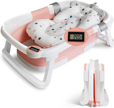 Foldable Baby Bathtub Baby Shower Tub with Thermometer Support Cushion Bath Net