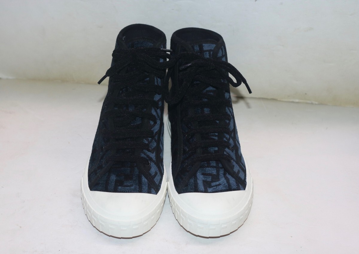 FENDI Domino FF Jacquard Fabric Blue High Top Sneakers Size
