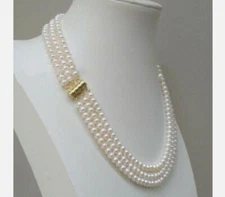 3 Row Strands AAA Natural Akoya White Pearl Necklace 14k Gold Clasp 18-20”