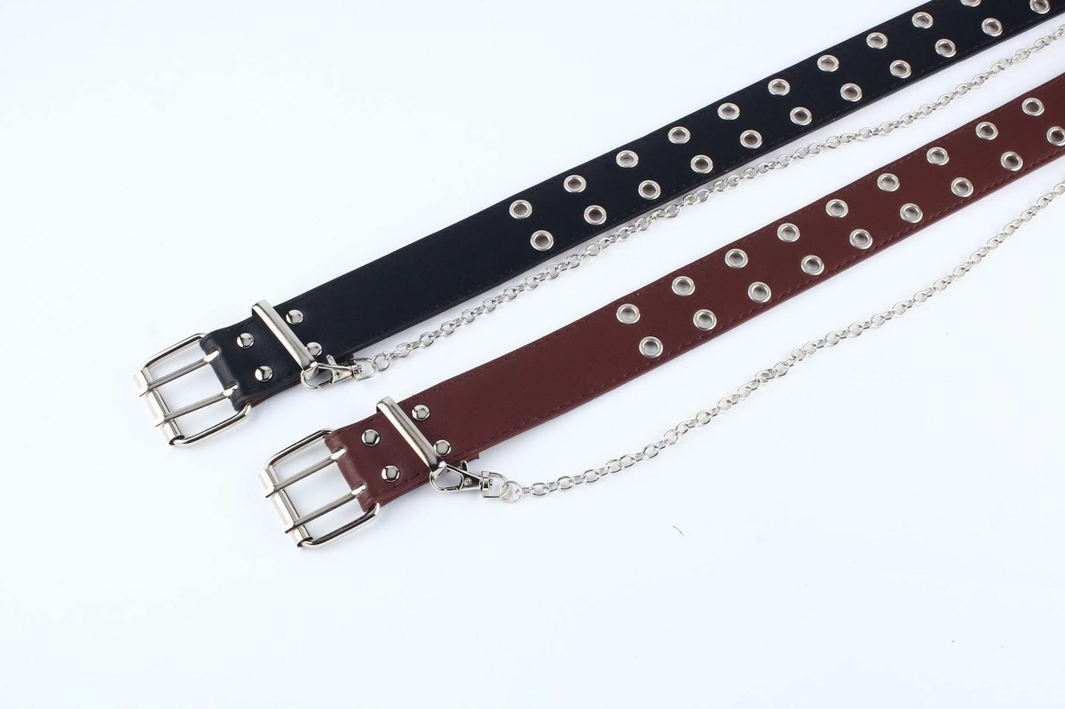 Women Punk Chain Belt Black Eyelet Grommet Leather Buckle