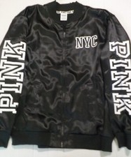 VICTORIA'S SECRET BLACK SATIN NEW YORK NYC JACKET XS ZIP-UP WINDBREAKER