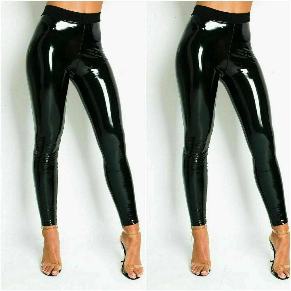 Ladies Women's Shiny PVC High Waist Wet Look Skinny Disco Vinyl Pencil  Leggings