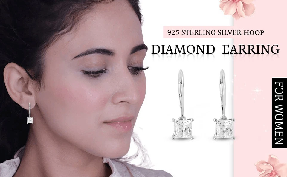 Aretes colgantes solitario de diamantes simulados de corte princesa de 2 quilates en plata 925 Foto 4 de 4