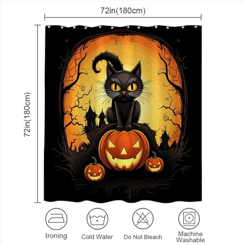 Lustiger Halloween Duschvorhang Horror Katze Kürbis Schloss Wald Motiv Badezimmer - Bild 4 von 6