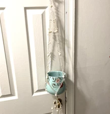 Vintage Beaded  White Plant  Pot Hanger plastic faceted 33" long