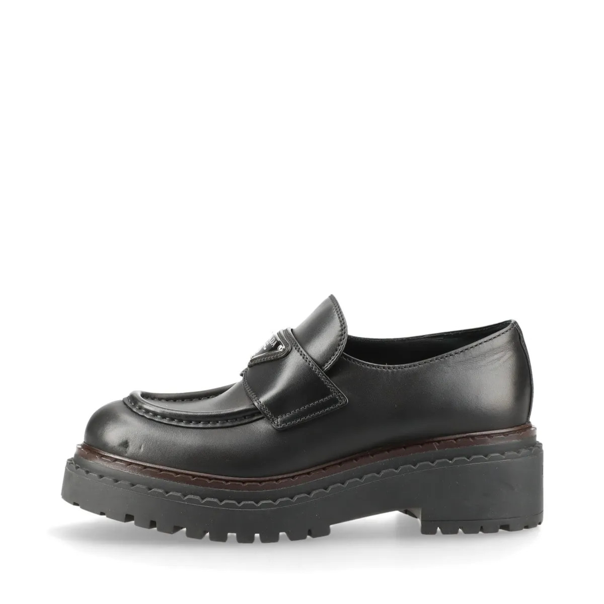 Prada double chocolate Leather Loafer 36 Ladies' Black Triangle logo