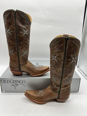 Old Gringo Stelletta Women s Sz 8.5B Brown Turquoise Leather Studded Tall Boots.