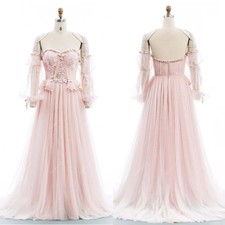 Vintage Boho Light Pink Wedding Dresses Lace Appliques Tulle Bridal Gowns