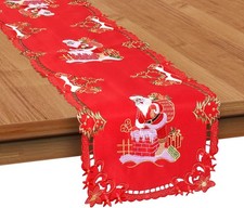 Vintage Red Christmas Table Runner with Embroidered Santa Claus and Xmas Trees 