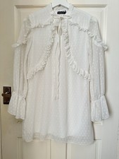 Boohoo (P) White Ruffle Crew Neck & Bow Detail Mini Dress Size 10