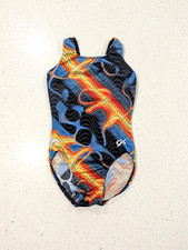BEAUTIFUL GK ELITE Gymnastic Dance Leotard Large Blue Orange Dragon FIRE FLAMES