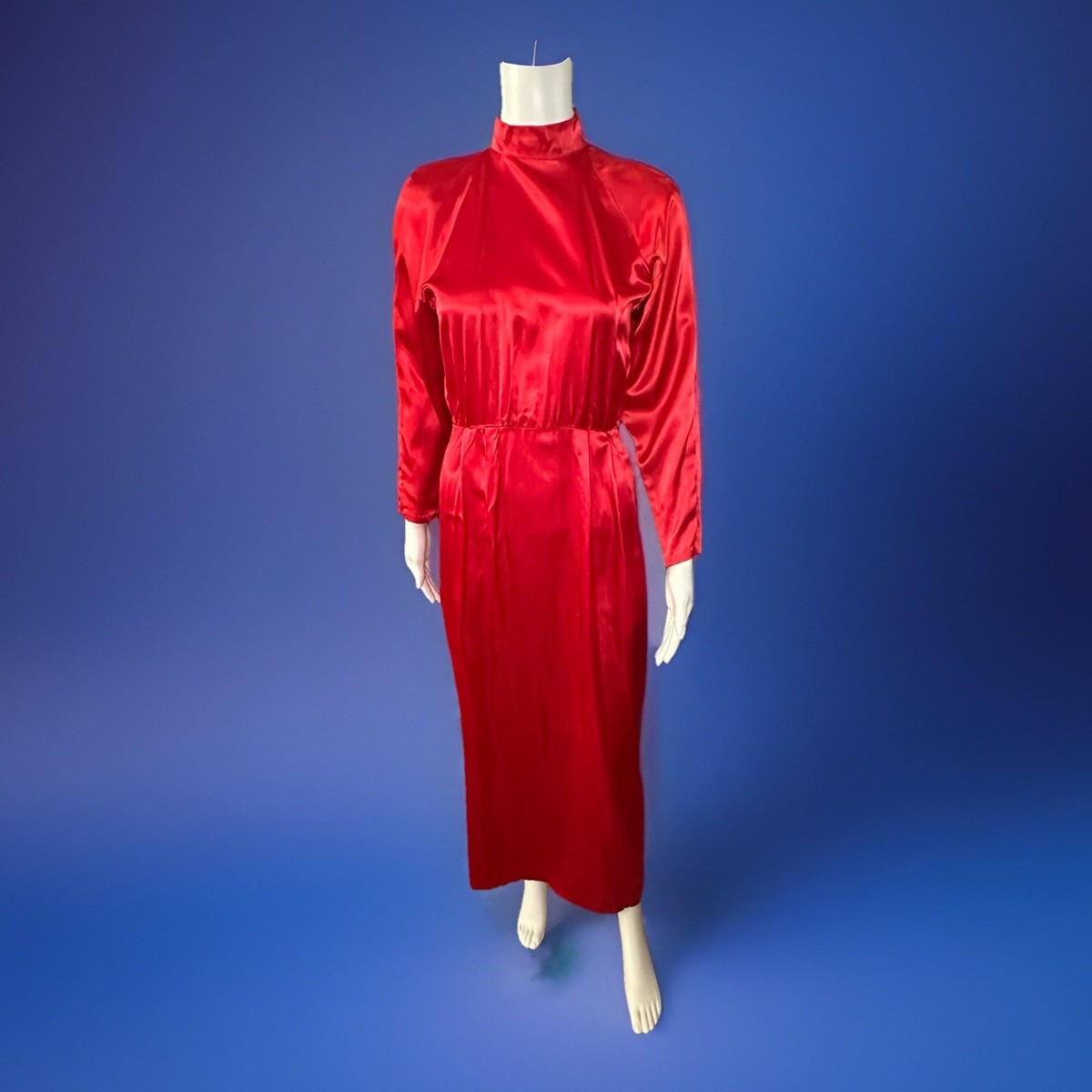 satin disco dress Vtg 80s Red Handmade Satin Party Gown Glam Rock Disco Dress High Neck XS/S