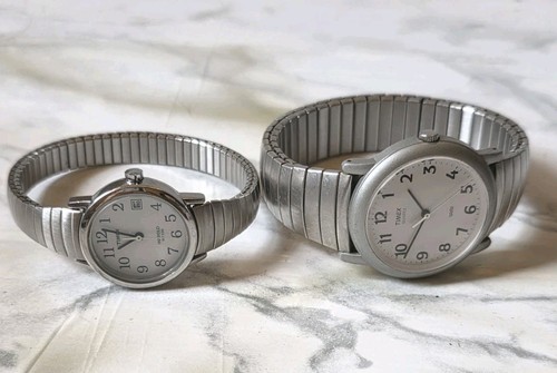 His & Hers Timex Silver Tone. Stretch Bands Watches New Batteries. WORKS! - Picture 3 of 9