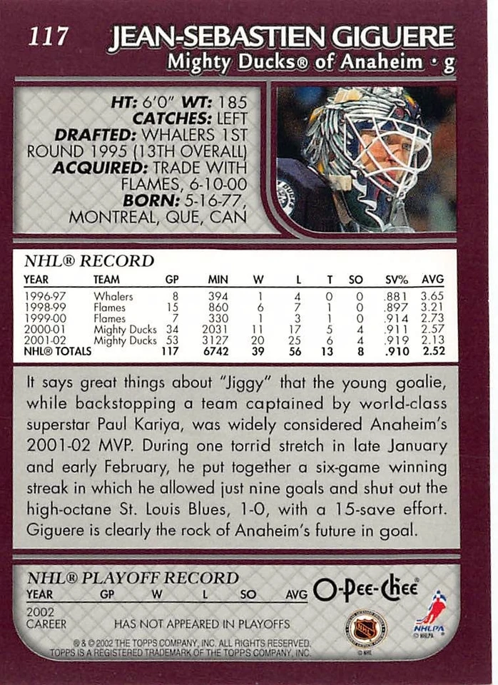 2002-03 O-Pee-Chee Factory Set #117 Jean-Sebastien Giguere - Image 2 of 2