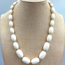 Vintage White Oval Bead Necklace Gold Tone Spacers Classic Minimalist Strand Y2K