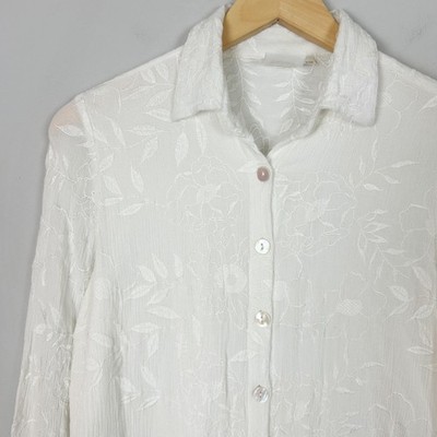 Women's Ivory Tonal Embroidered Tunic Shirt Floral Boho Cottage Size XS/Small