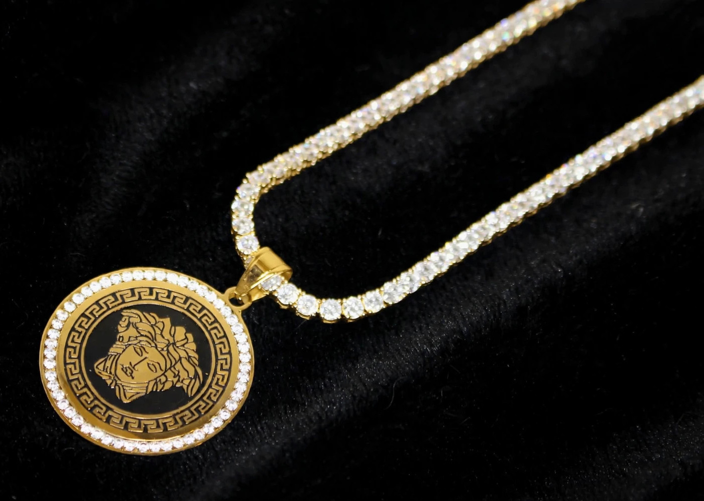 Colgante MEDALLÓN Medusa Cadena Tenis SELLO 14k 75ct Laboratorio Sim Diamante Oro 90g