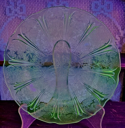 2 Uranium Vintage Green Cherry Blossom Depression Glass 9" Plate Set Cherries