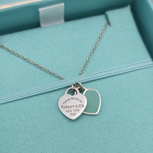 Tiffany & Co. Return to Blue Enamel Mini Double Heart Tag Pendant 16" Necklace