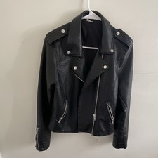 Girls Black Faux Leather Biker Jacket Zip Lined Pockets Size L 11-13