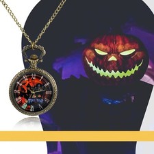 Roman Numeral Trick or Treat Pattern Dial Pocket Watch Chain Necklace Halloween